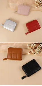 Quilted mini wallets in five colors featuring silver zippers and premium leather texture