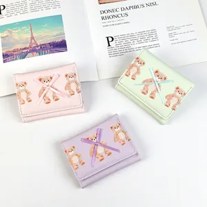 Cute Teddy Bear Print Women's PU Leather 3-Fold Wallet Kawaii Small Coin Purse With Ribbon Bowknot Decoration Mini Card Holder For Girls