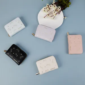 Cartera corta de cuero PU con diseño de gato lindo, cremallera y ranuras para tarjetas