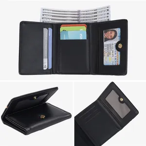 Cute Korean style cartoon black tri-fold wallet for women with card slots and bill pocket