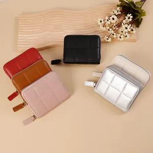 Women Small Quilted Square Wallet Short Zip Around PU Leather Card Holder Coin Purse Compact Minimalist Casual Daily Handbag
