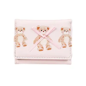 Pink trifold cartoon wallet for girls with cute watercolor bears and a silk bow decoration