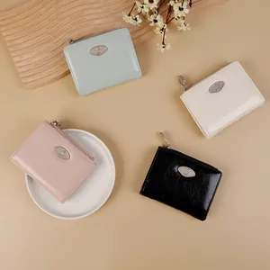 Minimalist wrinkled texture zip wallets for women in light blue, cream, pink, and black