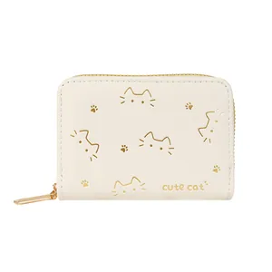Cartera pequeña de cuero PU blanco para mujer con estampado de gatos y cremallera dorada
