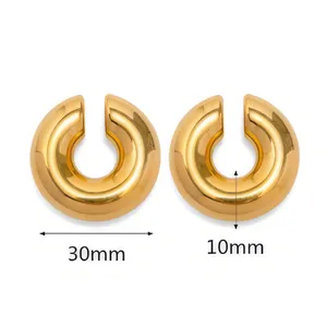 Polished 18k gold plated stainless steel C-shaped chunky hoop earrings, 30mm diameter