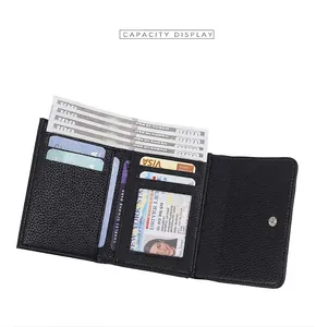 Detail showing high capacity interior of litchi grain tri-fold wallet with card slots