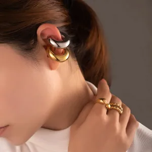 Minimalist 18k gold and silver stainless steel thick C-shaped ear cuffs and twist ring set