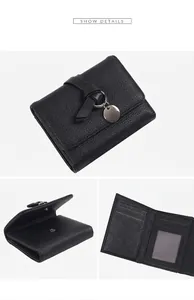 Detailed views of black pebble leather wallet with card slots and metal ring charm