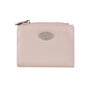 Pink pleated leather wallet for women featuring a zip closure and silver metal logo detail