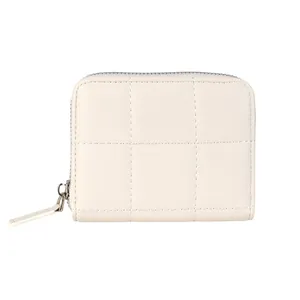 Quilted cream minimalist short wallet with silver zipper and multi-slot accordion design