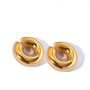 Polished 18k gold plated stainless steel hollow C-shaped ear cuffs on white background