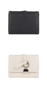 Portefeuilles en cuir grainé noir et beige avec boucle et pendentif à nœud élégant