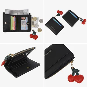 Portefeuille noir en cuir PU avec pendentif cerise comprenant fentes cartes et zip