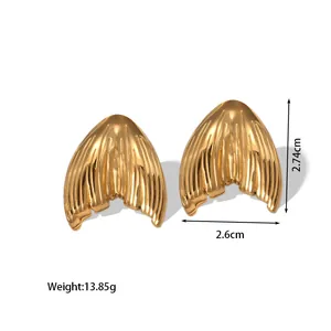 18k gold plated stainless steel mermaid tail earrings with textured shell fan design