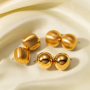 Vintage Minimalist 18K Gold Plated Stainless Steel Stud Earrings For Women Brushed Matte Glossy Spherical Square Jewelry