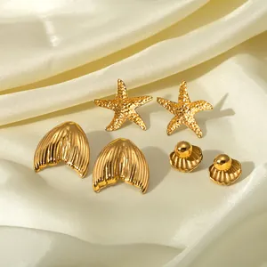 Vintage 18K Gold Plated Stainless Steel Stud Earrings For Women Starfish Shell Mermaid Fish Tail Ocean Vacation Jewelry