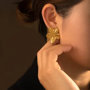 18k gold plated stainless steel five-petal flower stud earrings for women with brushed texture