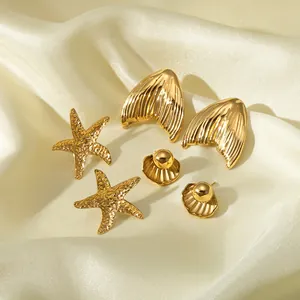 Ocean series 18k gold stainless steel mermaid tail starfish and shell earring set for women