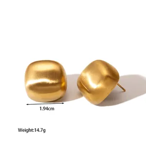 Detail view of square brushed 18k gold stainless steel earrings showing 1.94cm width