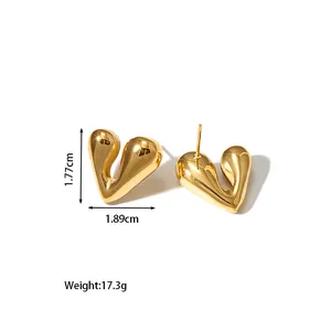Detail view of 18k gold plated U-shaped heart earrings with size and weight specs