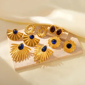 Vintage 18k gold-plated fan and oval stud earrings set with deep blue gemstones