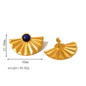 Detailed view of fan-shaped 18k gold plated earrings with royal blue stone inlay