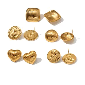 Vintage 18k gold plated stainless steel heart and relief earrings collection set