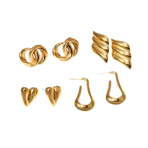 5-pair set of 18k gold plated stainless steel heart and U-shaped wing earrings