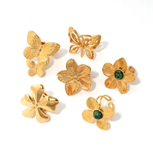 Vintage 18K Gold Plated Stainless Steel Open Ring For Women Butterfly Flower Turquoise Inlaid Adjustable Finger Jewelry