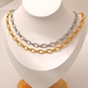 Stainless Steel Splicing Link Chain Necklace Bracelet Set Vintage Geometric Choker Gold Silver Plated Jewelry For Women Girls Gift