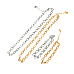 Minimalist gold and silver stainless steel necklace and bracelet set with lobster clasp