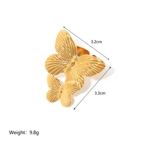 18k gold plated stainless steel butterfly ring with turquoise and emerald stones