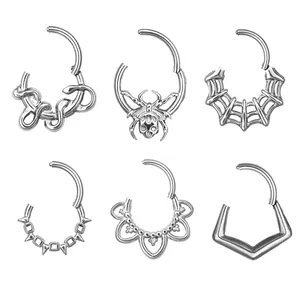 Stainless Steel Hinged Septum Clicker Nose Ring Spider Web Snake Skull Spike Design Punk Gothic Body Piercing Jewelry