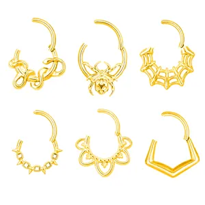 Set of 6 gold hinged stainless steel clickers with spider, snake and spike designs