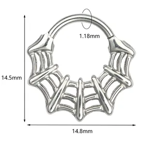 316L stainless steel septum ring with spider web design and 14.8mm dimension detail