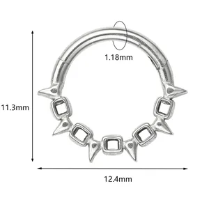 Detailed dimensions of 316L stainless steel hinged punk septum hoop with spike accents