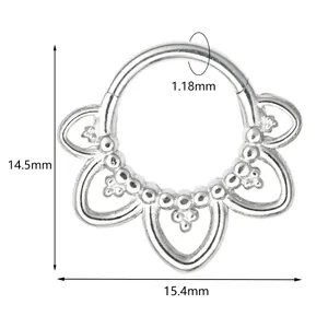 Detail showing 1.18mm thickness and 15.4mm width of a 316 stainless steel floral nose ring