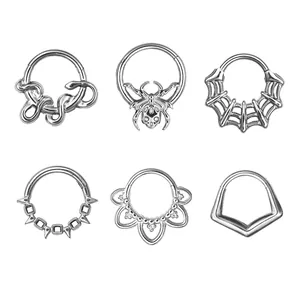 Set of 6 punk 316L stainless steel nose rings with snake, spider and thorn designs