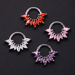 316L stainless steel hinged ring with marquise cut colorful zircons on black background