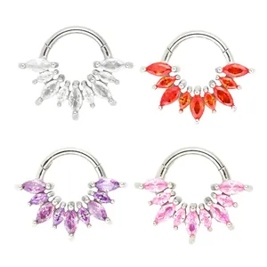 Detail view of four-color hinged septum rings featuring marquise-cut 5A cubic zirconia