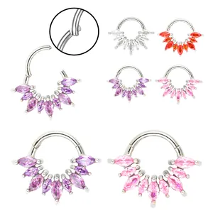 316 Stainless Steel Hinged Segment Clicker Septum Ring With Marquise Zirconia Inlaid Nose Ring Daith Helix Piercing Jewelry
