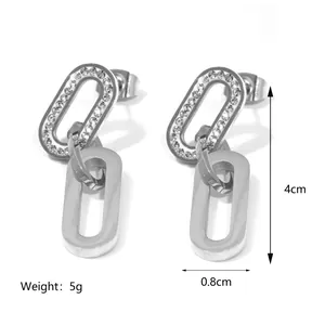 Polished silver stainless steel rectangular link earrings with crystal zircon inlay