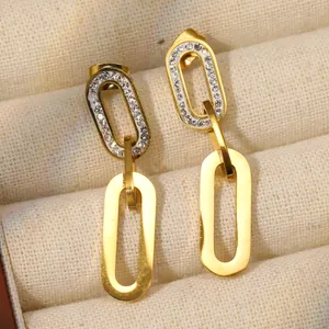 Polished 18K gold plated stainless steel rectangle link drop earrings with sparkling cubic zirconia