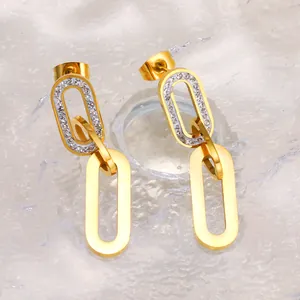 18K gold plated stainless steel interlocking oval link earrings with cubic zirconia