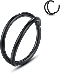 Detail of matte black 316L stainless steel double layer hinged nose ring with closure view