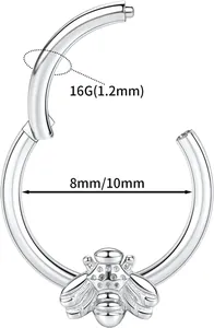 Detail of 316L stainless steel nose hoop with a crystal-studded bee design and 16G sizing