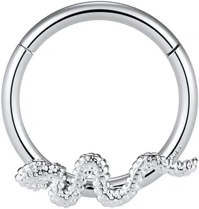 Macro shot of silver 316L stainless steel hinged segment ring with detailed snake design