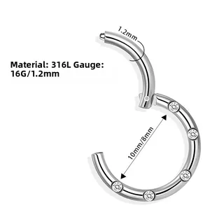 316L stainless steel hinged segment ring with five clear round zircons for nose piercing