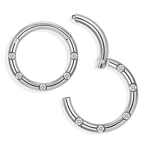Polished stainless steel hinged nose rings with five sparkling cubic zirconia stones
