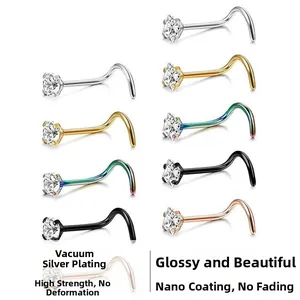 L-shaped stainless steel nose studs set featuring square cubic zirconia in various finishes